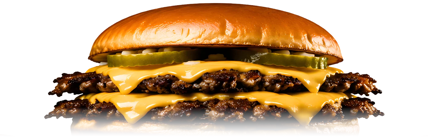 A double smash burger with melted American cheese and pickles on a bronzed bun